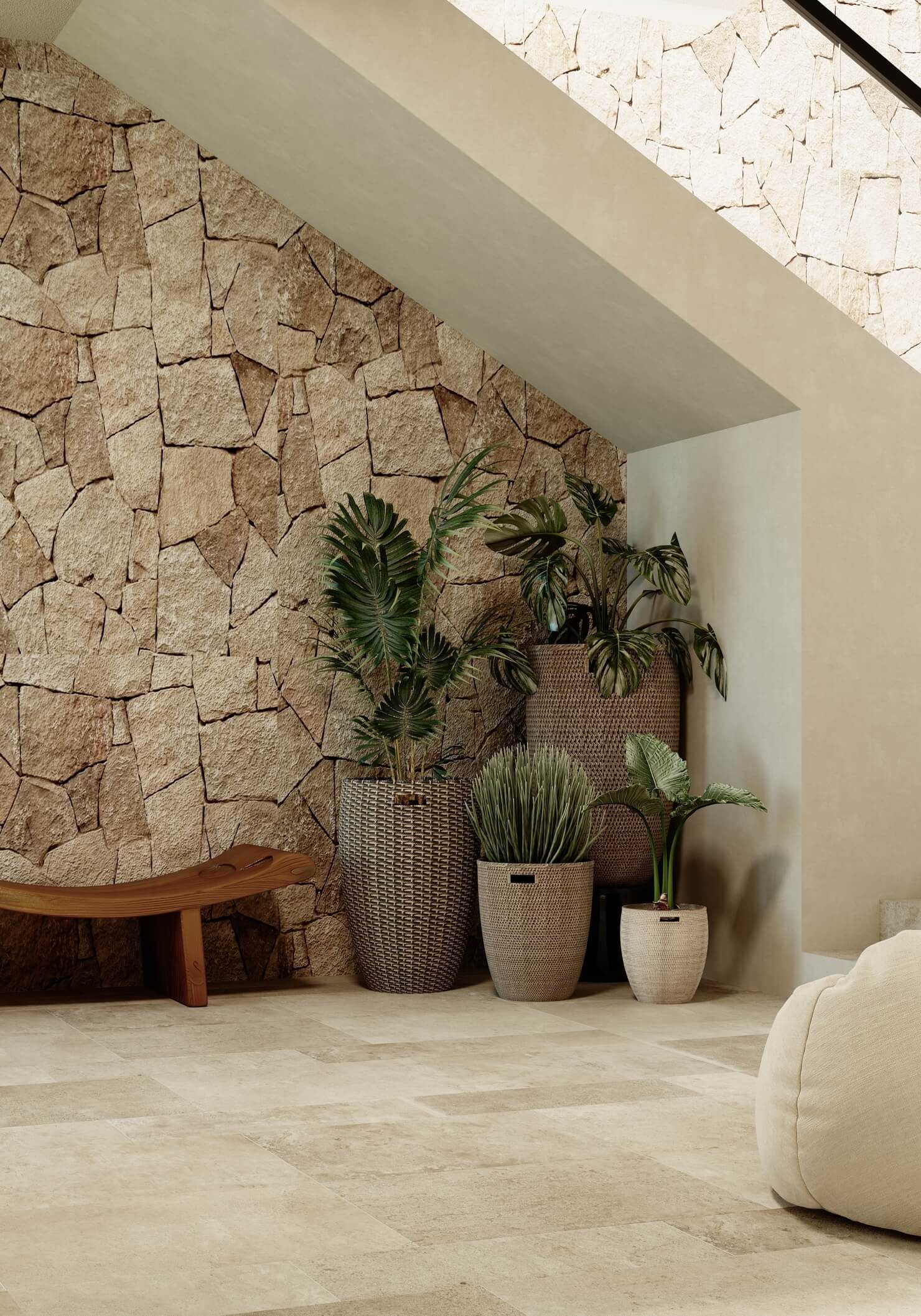 The Crest Residences — stone wall and tropical planting