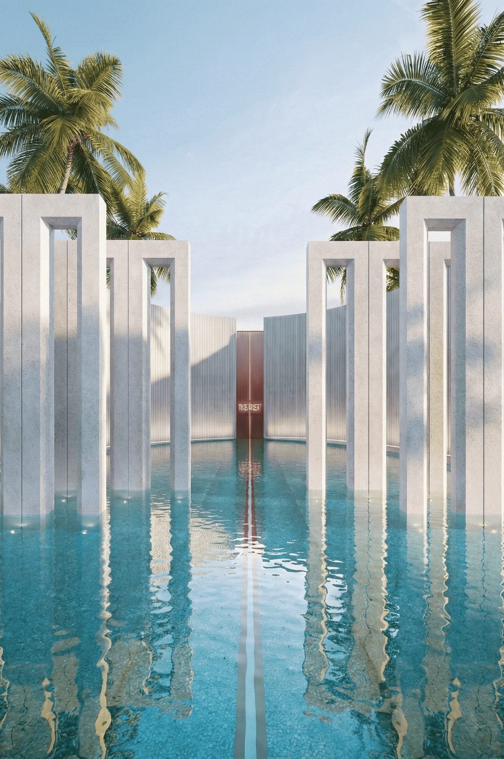 The Crest Residences — reflecting pool with white arches