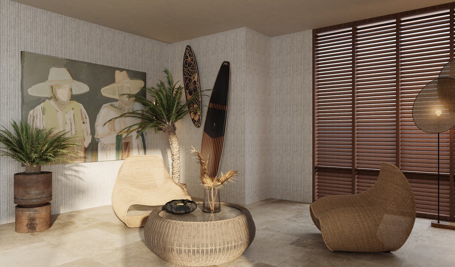The Crest Residences — lounge with surfboard decor
