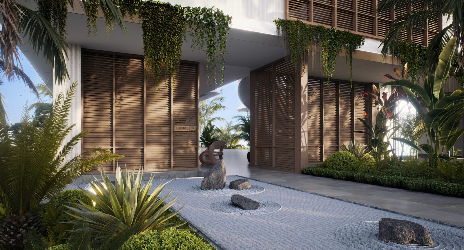 The Crest Residences — villa entrance with Zen garden