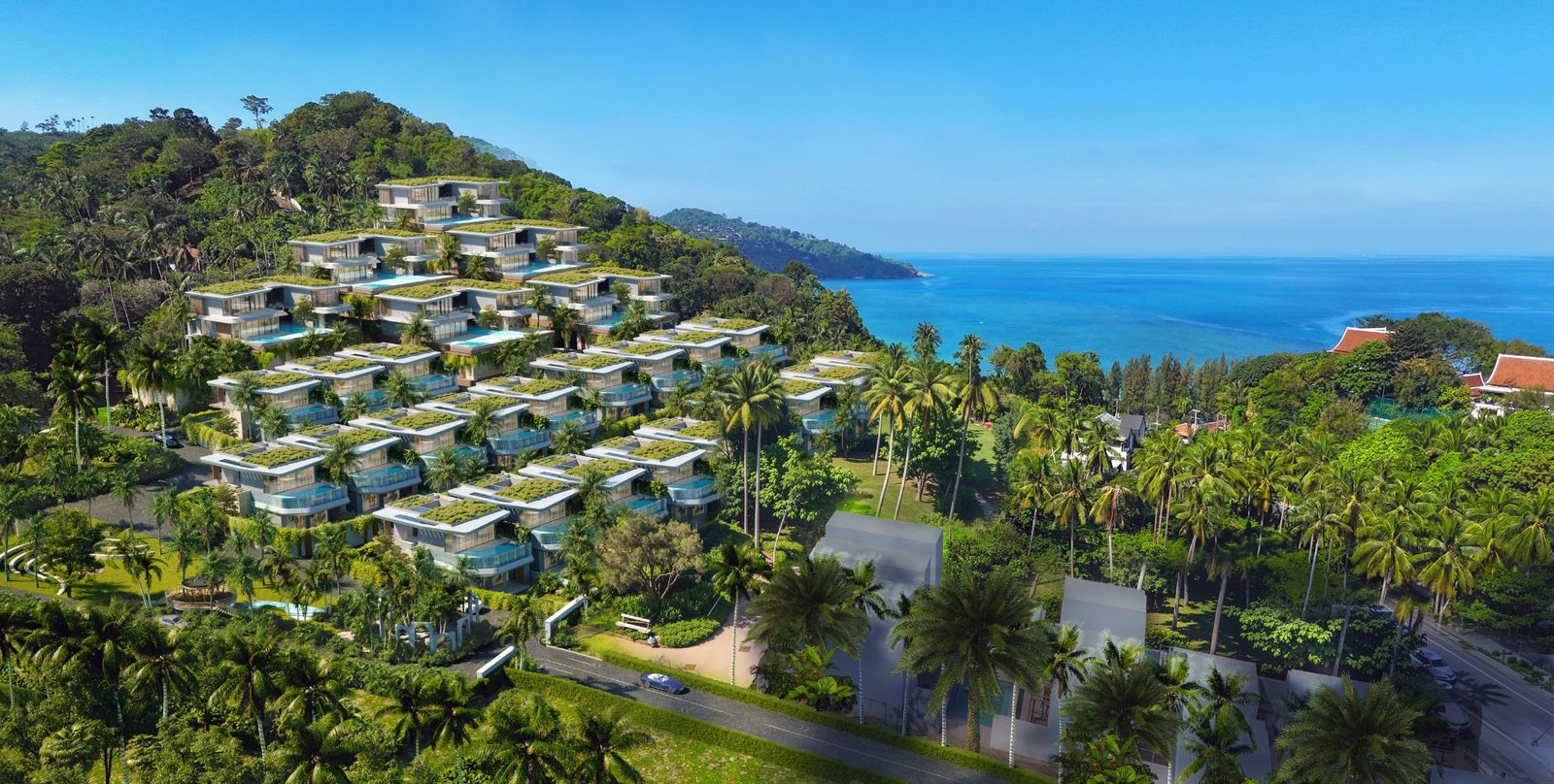 The Crest Residences — aerial view of the villa terraces and Bang Po bay