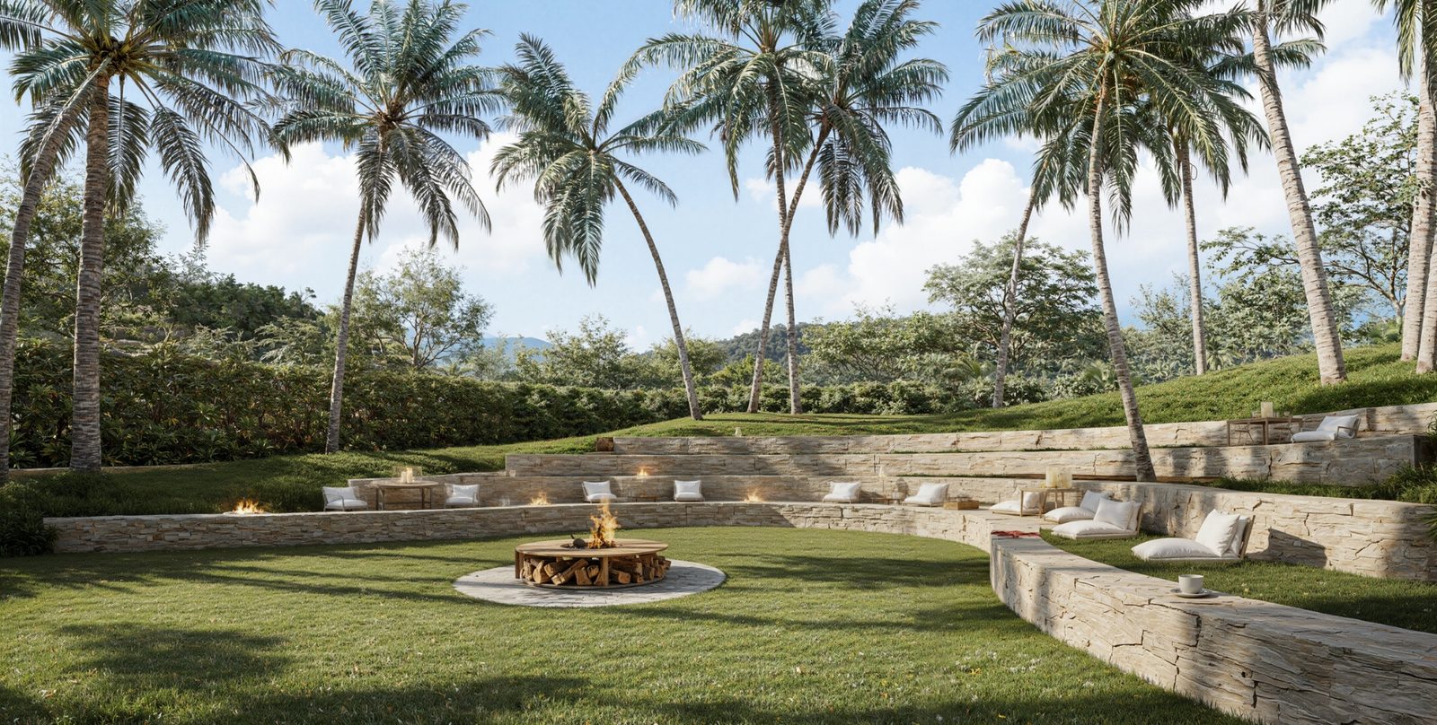 The Crest Residences — lawn amphitheatre with fire pit